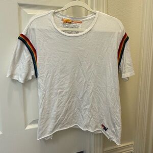 Aviator Nation White Tee with Rainbow Sleeve Stripes
